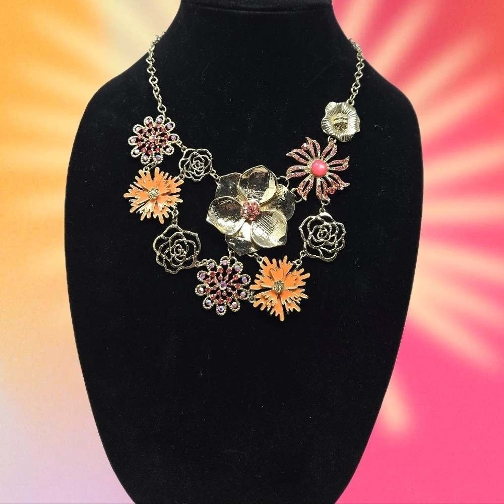 The Colors Of Summer Womens Necklace Flower & Rhinestones Adj. Chain Pink-orange